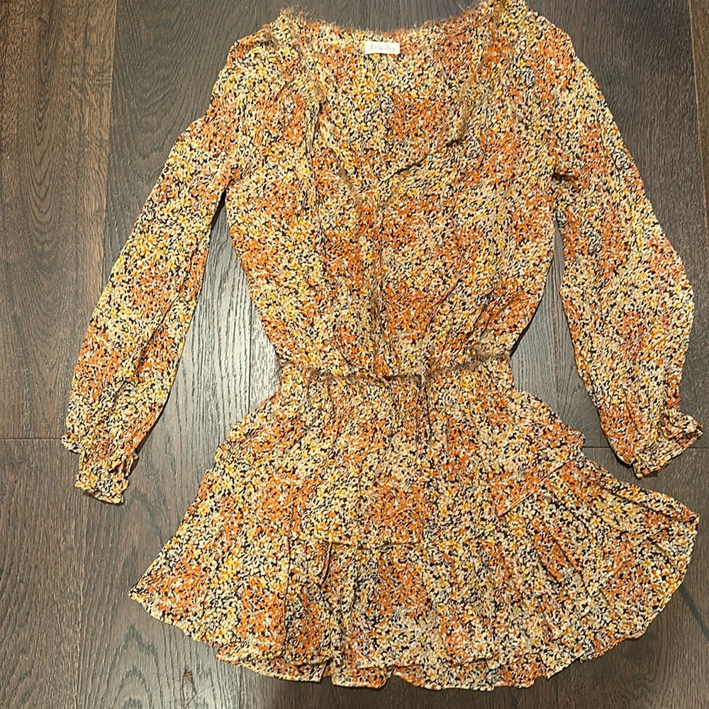 Brown Floral Loveshackfancy Popover Long Sleeve Ruffle Mini Dress